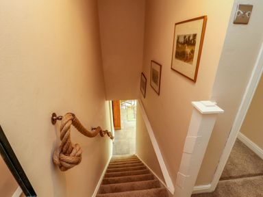 A staircase with carpeted steps and a rope handrail on the wall at Kirkland Howe Cottage in Arlecdon