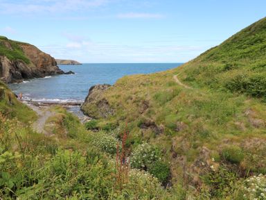 A coastal path leading to a small rocky beach with green hills on either side at Carreg Yr Onnen in Penparc