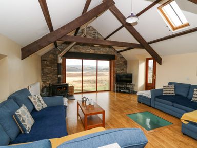 A sitting room with blue sofas a wood stove large window with countryside view and wooden floor at Llwyngwinau Isaf Barn Tynreithyn near Tregaron