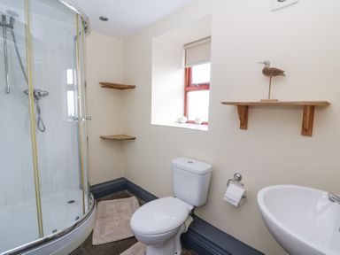 A bathroom with a shower, toilet, sink, wooden shelves, and a window at Llwyngwinau Isaf Barn in Tynreithyn near Tregaron