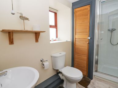 A bathroom with a toilet sink shower and wooden shelf at Llwyngwinau Isaf Barn in Tynreithyn near Tregaron