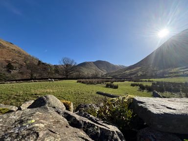 A grassy field with a stone wall and a white horse with mountains and a clear sky at Low Wood View in Hartsop