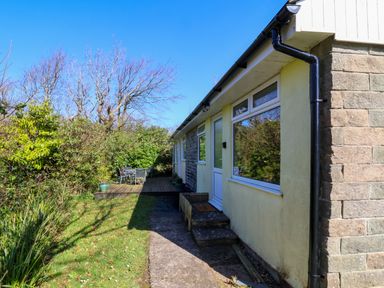 Exterior view of a single-story house with yellow walls and large windows next to a garden with trees and outdoor furniture at 24 The Glade in Kilkhampton