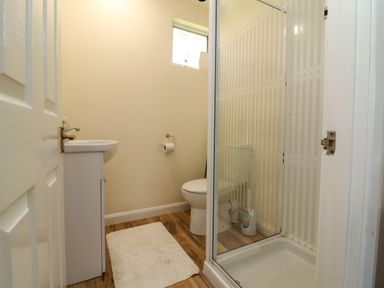 A bathroom with a toilet sink shower and white rug on wooden floor at 24 The Glade Kilkhampton