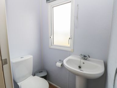 A bathroom with a toilet a pedestal sink a window and a trash bin at 31B Foxburrow Hang in Fritton near Belton Norfolk