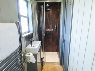 A bathroom with a shower enclosure a small sink a towel rack with a towel and a toilet paper holder at Buttercup in Ashby-cum-Fenby near Waltham