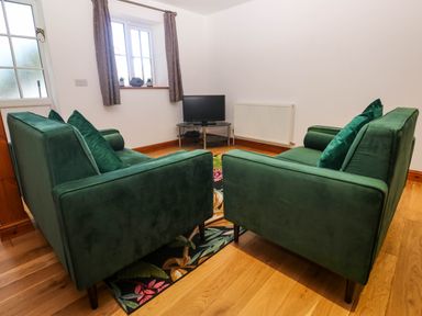 A room with two green sofas facing a small TV on a corner table at The Baler House in Hayle