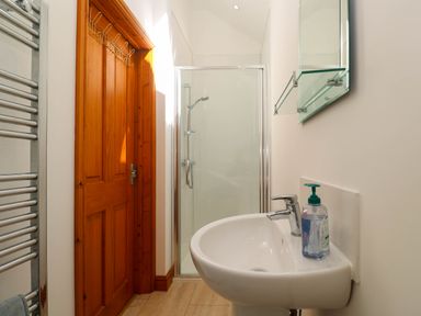 A bathroom with a sink and hand soap beside a glass shower and wooden door at The Coach House in Hayle