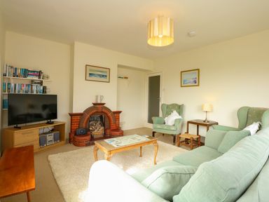 A living room with green sofas a wooden coffee table a fireplace and a television at Tegawelon in Llandanwg near Harlech
