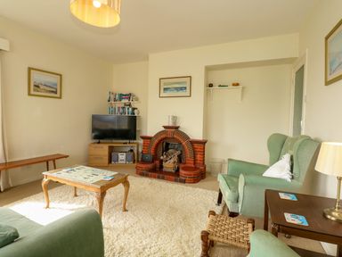 A living room with a green armchair a coffee table a television on a stand a brick fireplace and a bookshelf at Tegawelon in Llandanwg near Harlech