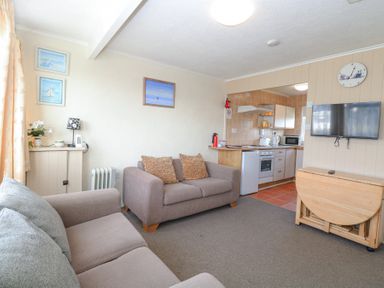 A living room with two sofas a wall mounted TV and an open kitchen area at Chalet 21 in Newport Norfolk