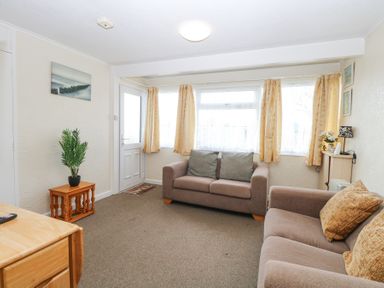 A living room with two sofas a small wooden table with a plant and a door with windows at Chalet 21 in Newport Norfolk