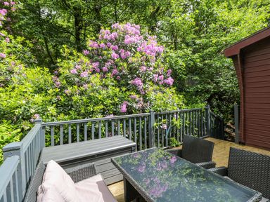 An outdoor patio with a glass table and wicker chairs surrounded by green plants and pink flowers at Serenity Skiptory Howe 10 White Cross Bay near Windermere