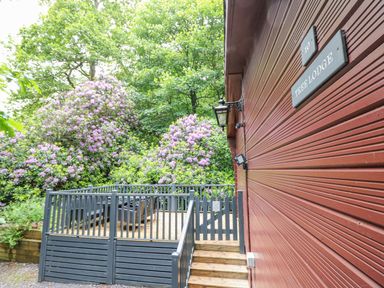 An outdoor patio area with a black railing and furniture next to a wooden building and green trees with purple flowers at Serenity Skiptory Howe 10 White Cross Bay near Windermere
