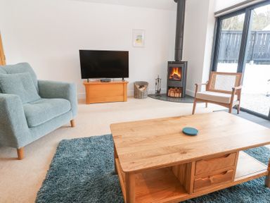 A living room with a blue armchair wooden coffee table and a chair near a wood stove and a TV at Chy Benyngoth in Hayle