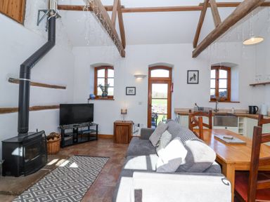 A living room with wood stove television sofa dining table and kitchen area at The Yarde Annexe Pen Elm near Taunton
