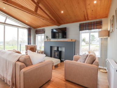 A living room with beige sofas a wood stove television and a wooden ceiling at 6 Meadow Retreat in Dobwalls