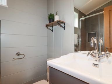 A bathroom sink with a faucet and a shelf with a plant and soap dispenser above a toilet at 6 Meadow Retreat in Dobwalls