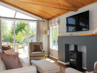 A living room with a sofa armchair ottoman wood stove and television at 17 Meadow Retreat in Dobwalls