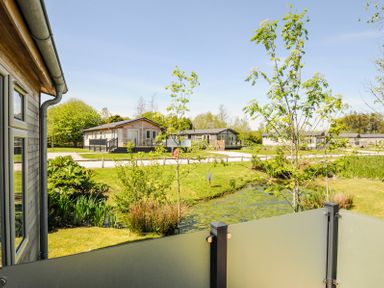 A view of wooden cabins across a small pond with grass and trees at 17 Meadow Retreat in Dobwalls