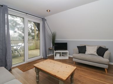 A living room with sofa coffee table and TV at Valley Lodge 38 in St Ann's Chapel Cornwall