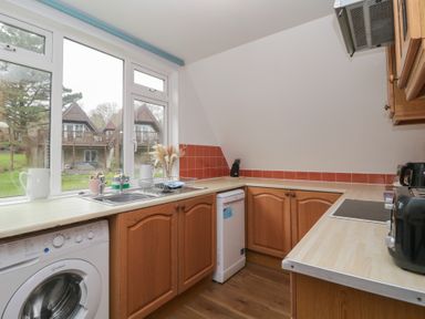 A kitchen with wooden cabinets a washing machine dishwasher and countertop appliances at Valley Lodge 38 St Anns Chapel Cornwall