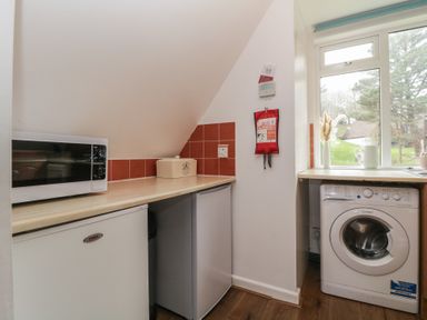 A kitchen corner with washing machine under a window a microwave on countertop and small fridge at Valley Lodge 38 in St Ann's Chapel Cornwall