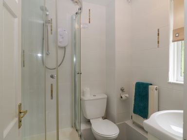 A bathroom with a glass shower enclosure a toilet and a sink at Valley Lodge 38 in St Ann's Chapel Cornwall