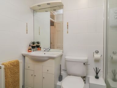 A bathroom with a sink vanity and mirror next to a toilet and a towel on a radiator at Valley Lodge 38 in St Ann's Chapel Cornwall