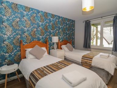 A bedroom with two single beds a nightstand and a lamp by a window at Valley Lodge 38 in St Ann's Chapel Cornwall