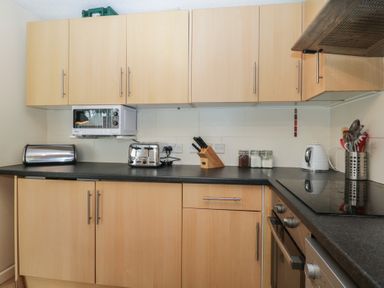 A kitchen with wooden cabinets and black countertop with microwave kettle toaster and knife block at 26 Manorcombe in St Ann's Chapel Cornwall