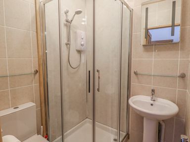 A bathroom with a shower enclosure a toilet a pedestal sink and a mirror at Seafield Granary in Alnmouth