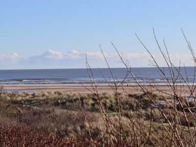 A beach view with dunes and water at Seafield Granary Alnmouth