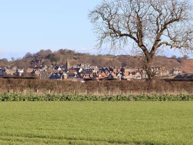 A view of a village with houses on a hill under a clear sky at Seafield Coach House in Alnmouth