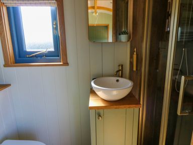 A small bathroom with a round sink on a wooden countertop a blue framed window and a shower cubicle at Fir Tree Shepherd's Hut in Llanon
