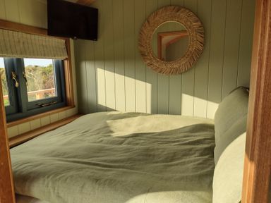 A bedroom with a bed green walls a window with beige roman blinds a wall mirror and a wall-mounted television at Fir Tree Shepherd's Hut in Llanon