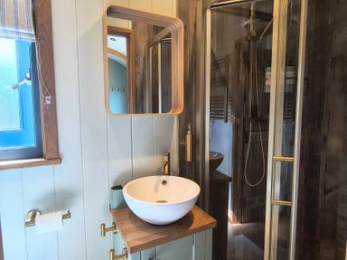 A bathroom with a sink and shower at Fir Tree Shepherd's Hut in Llanon