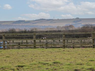 A field with wooden fences and horses with hills and clouds in the background at South Barn Cottage in Hatford near Stanford In The Vale