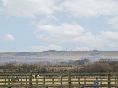 A rural landscape with fields trees a wooden fence and cows grazing at South Barn Cottage Hatford near Stanford In The Vale