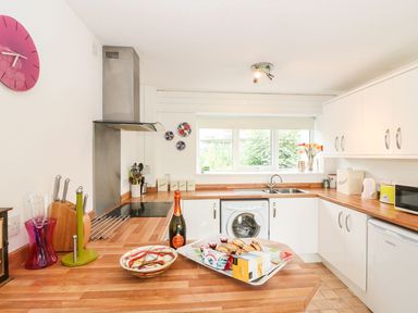 A kitchen with wooden countertops white cabinets a stove a washing machine and a window at Tamar Cottages 35 in St Ann's Chapel Cornwall