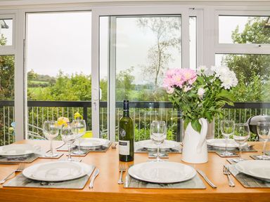 A dining table set with plates glasses cutlery a bottle of wine and a vase with flowers by large windows showing greenery outside at Tamar Cottages 35 in St Ann's Chapel Cornwall