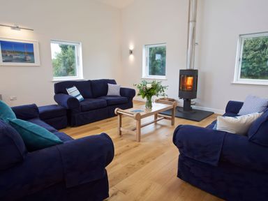 A living room with blue sofas a wooden coffee table with flowers and a fireplace at Moult Hill Barn in Salcombe
