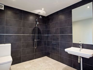 A bathroom with black tiled walls a shower a toilet a sink and a mirror at Moult Hill Barn in Salcombe