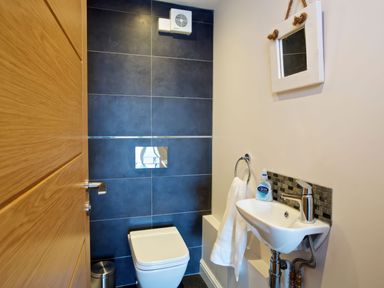 A small bathroom with a toilet sink a hand towel on a ring and a mirror at Moult Hill Barn in Salcombe