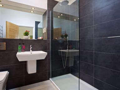 A modern bathroom with a walk-in shower and a pedestal sink at Moult Hill Barn in Salcombe