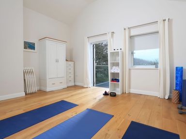 A room with wooden floor three blue yoga mats a white cabinet an open door with curtains and a small white shelf with towels and exercise equipment at Moult Hill Barn in Salcombe