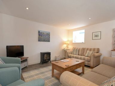 A living room with a striped sofa, two armchairs, a wooden coffee table, a small electric stove, and a television at Croft Cottage in Alnwick