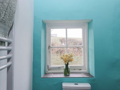 A bathroom with a window and flowers on the sill at Westacombe Farm in Dunsford