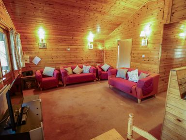A living room with wooden walls and ceiling with red sofas and armchairs with cushions at Kestrel in Withern near Alford