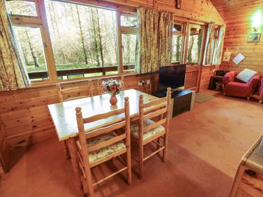 A wooden dining table with four chairs and a vase of flowers a television on a stand two armchairs and windows with floral curtains at Kestrel Withern near Alford